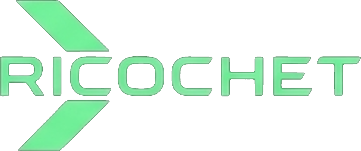 Ricochet logo, green wordmark with two chevrons pointing into the R